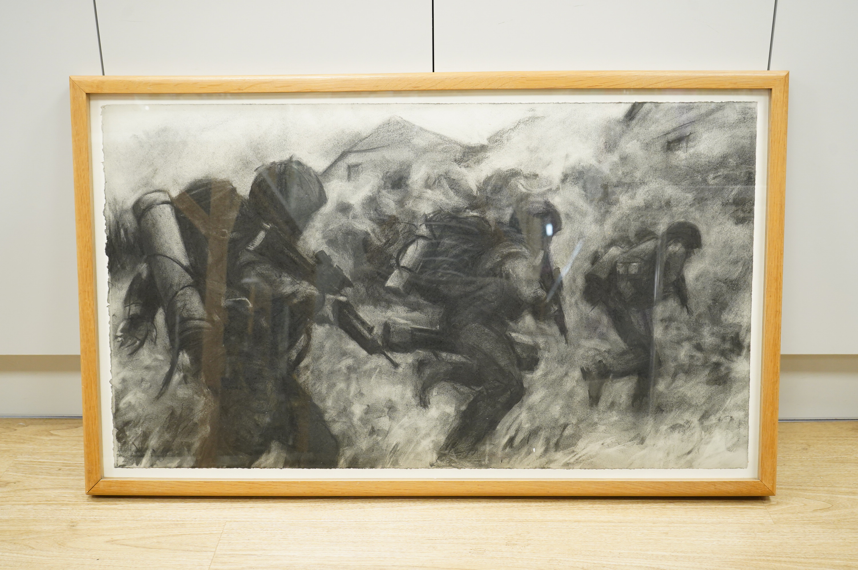 Keith Holmes (b.1944), Battle scene, charcoal, details verso, 55 x 96cm